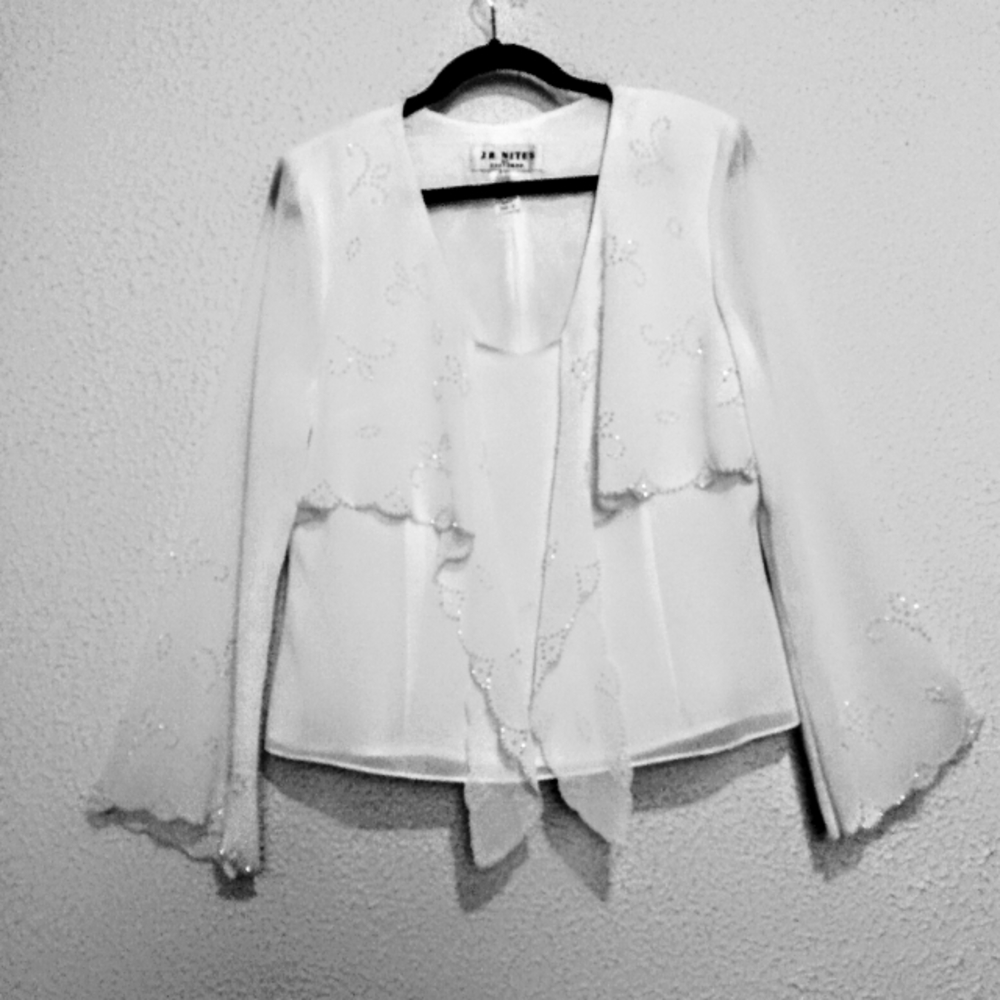 J R Nites by Caliendo White Beaded Bell Sleeve Zip Top Blouse sz 14